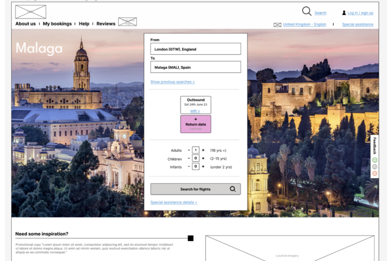 Mid fidelity example of prototyping showing an airline homepage example